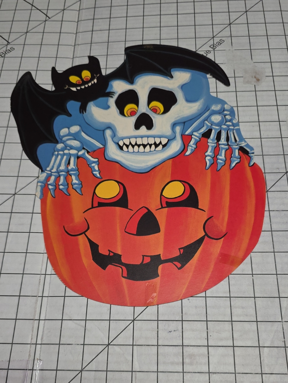 Halloween Pumpkin & Skeleton W Bat Die Cut Double Sided, Eureka VTG 13"Wx15"T